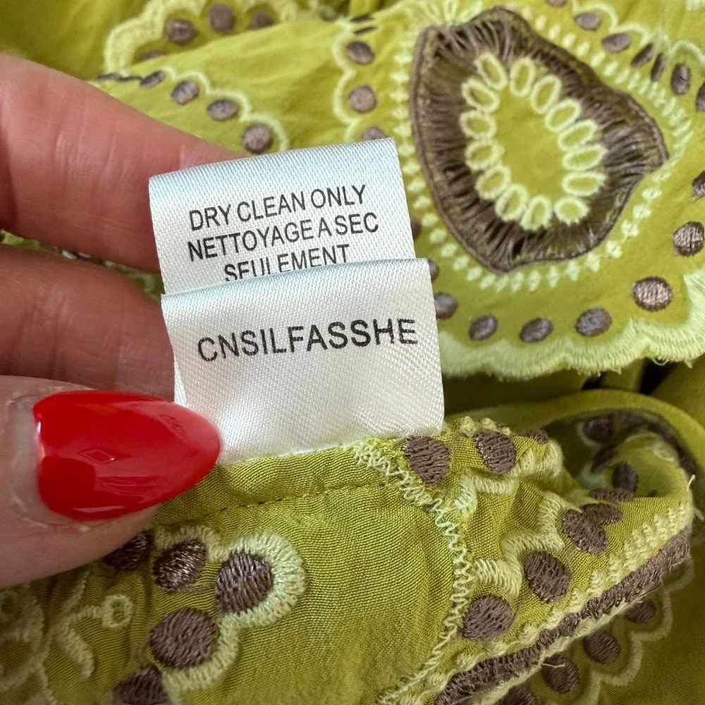 BCBGMAXAZRIA S Runway Silk Dress Chartreuse Green Embroidered Eyelet Luxury